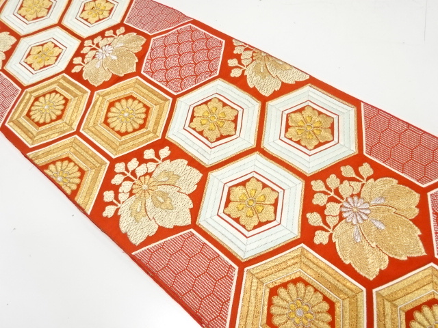 アンティーク　桐に花亀甲模様織り出し袋帯（着用可）